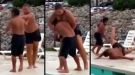 Big Bully Tries To Throw Little Kid Into Pool, Gets Butt Kicked