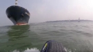 Bonehead Jet Skier Nearly Dies Getting Sucked Under Container Ship